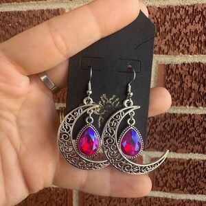 Silver and Pink Crescent Moon Filigree Earrings